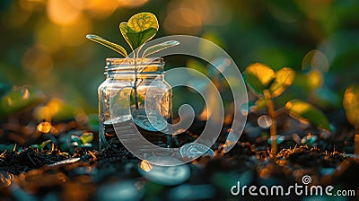 Growing Savings: Investment Concept with Plant and Coins Stock Photo