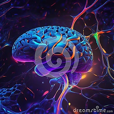 Conceptual representation of artificial intelligence brain surrounded by data and circuits digital d Stock Photo