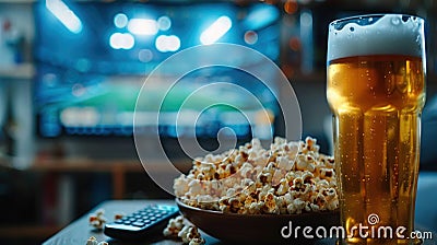 Home viewing of football match with beer, popcorn and remote control on table in front of modern TV and American football stadium Stock Photo