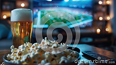 Home viewing of football match with beer, popcorn and remote control on table in front of modern TV and American football stadium Stock Photo