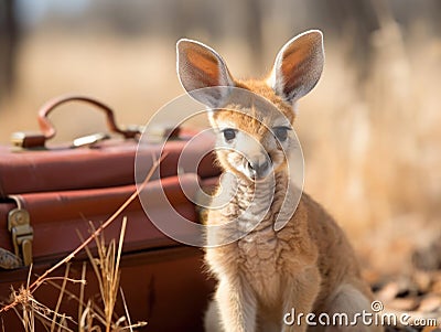 Blurry kangaroo baby with suitcase as businessman Stock Photo