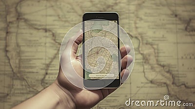 Hand holding smart phone with maps Stock Photo