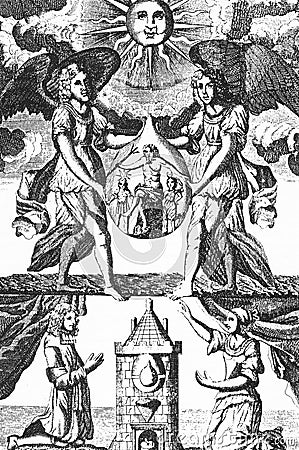 Hermetic engraving of the alchemical egg and the tower oven called atanor from the mutus liber of 1677 Editorial Stock Photo