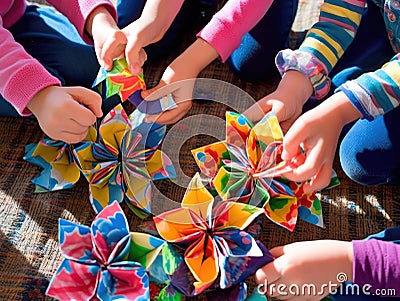 Children playing with colorful pinwheels under sun Stock Photo