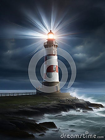 A lighthouse standing tall on a rocky shore, amidst a raging storm. Stock Photo