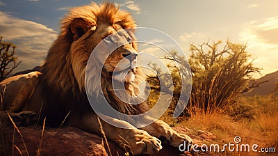 A majestic lion in its natural habitat, the golden savannah, basking in the warm glow of the setting sun Stock Photo