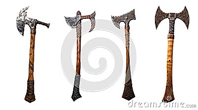 battle medieval axe. roman weapon. viking weaponry. wooden cable handle. steel blade. double blade head axe. ax Stock Photo