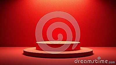The image depicts a minimalist, circular podium set against an all-red background, illuminated by a single source of light Stock Photo