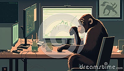 The image depicts a monkey sitting in an office. Stock Photo