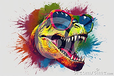 T-rex in sunglasses realistic with paint splatter abstract Generative AI Stock Photo