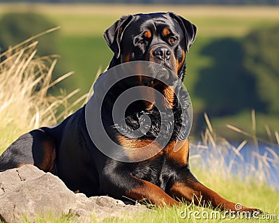 An image depicts a Rottweiler with a serious expression. Stock Photo