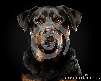 An image depicts a Rottweiler with a serious expression. Stock Photo