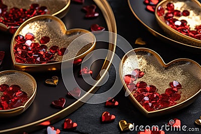 Golden plates with red diamonds and hearts on a black background Stock Photo