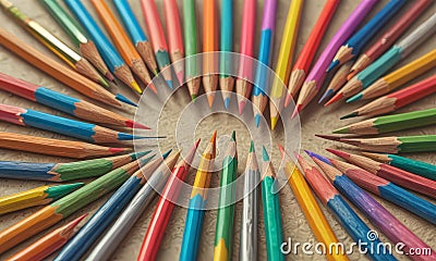 vibrant array colored pencils arranged in circular pattern on textured surface. Stock Photo