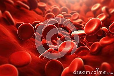 This image depicts a vibrant display of red blood cells coursing through a blood vessel, Red blood cells arterial blood stream Stock Photo