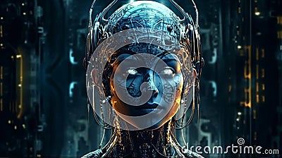 AI Generative Photo cyborg face wireframe hologram 3d rendering in artificial intelligence and machine learning concept Stock Photo