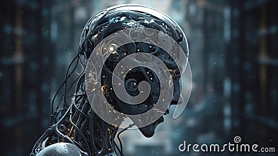 AI Generative Photo cyborg face wireframe hologram 3d rendering in artificial intelligence and machine learning concept Stock Photo