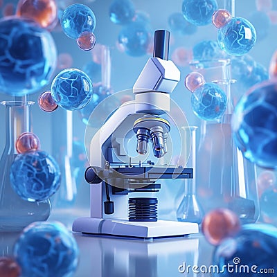 Image Detailed 3D rendering of microscope observing transparent cell structure Stock Photo