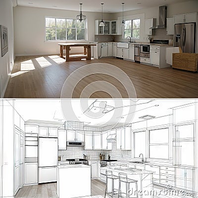 Diagonal Split Screen Of Drawing and Photo of Beautiful New Kitchen Stock Photo
