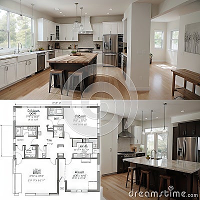 Diagonal Split Screen Of Drawing and Photo of Beautiful New Kitchen Stock Photo