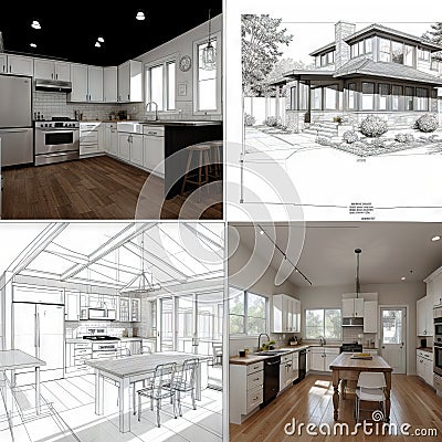 Diagonal Split Screen Of Drawing and Photo of Beautiful New Kitchen Stock Photo