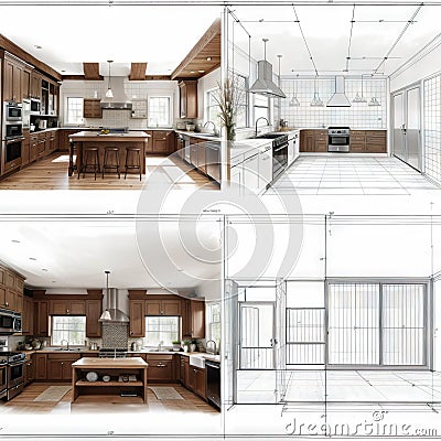 Diagonal Split Screen Of Drawing and Photo of Beautiful New Kitchen Stock Photo