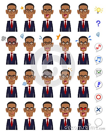 20 different facial expressions and upper body of black men wearing glasses Vector Illustration