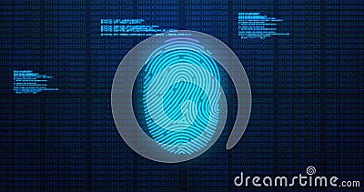 Image of digital biometric fingerprint computer interface icon and data processing on blue backg Stock Photo