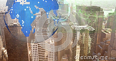 Image of digital brain, moving clocks and globe over cityscape Stock Photo