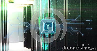 Image of digital data processing with key icon over computer servers Stock Photo