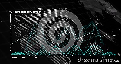 Image of digital data processing and world map over clack background Stock Photo