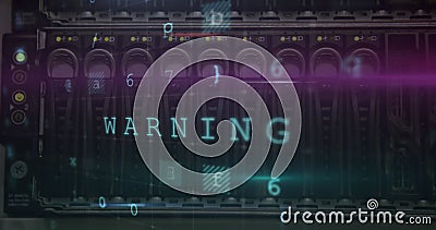 Image of digital interface with cyber attack warning text over detail of computer server Stock Photo