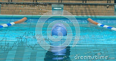 Image of digital interface with scopes scanning and data processing over man swimming in swimming po Stock Photo