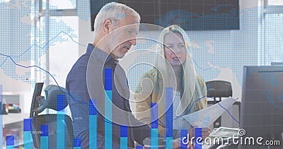 Image of digital interface showing world's map and statistics with diverse colleagues working togeth Stock Photo