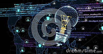 Image of digital lightbulb and media icons over world map and data processing Stock Photo