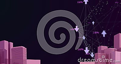 Image of digital network of connections with icons over pink 2d cityscape model Stock Photo