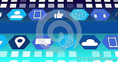 Image of digital online icons and blue stripe moving on blue background Stock Photo