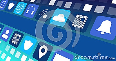 Image of digital online icons and blue stripe moving on blue background Stock Photo