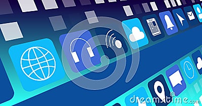 Image of digital online icons and blue stripe moving on blue background Stock Photo
