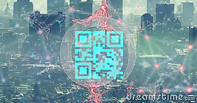 Image of digital qr code with graphical interface loop over modern skyscrapers in city Stock Photo