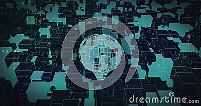 Image of digital wireframe globe floating among abstract data blocks in virtual space Stock Photo