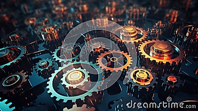 Brightly Lit Interconnected Digital Gears - An Image Depicting Technological Integration and Automation Stock Photo