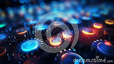 Brightly Lit Interconnected Digital Gears - An Image Depicting Technological Integration and Automation Stock Photo