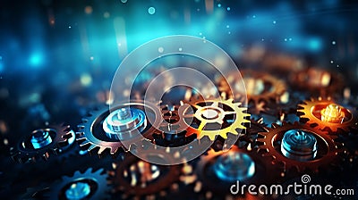 Brightly Lit Interconnected Digital Gears - An Image Depicting Technological Integration and Automation Stock Photo