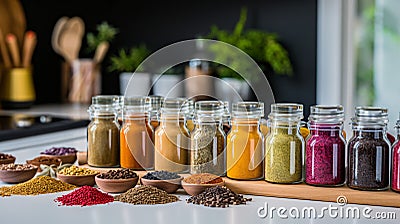 Spices and herbs in glass bottles on white table in modern kitchen Stock Photo