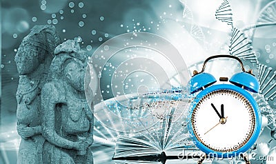 image of dna chain on biotechnological background and a clock with particles decaying on one side Cartoon Illustration