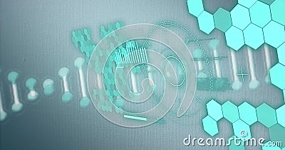 Image of dna helix, loading circles, bar, graph and hexagon pattern over abstract background Cartoon Illustration