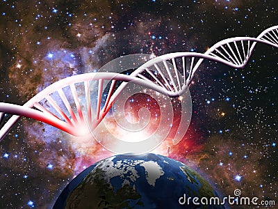 image of a DNA helix with a problem area marked in red against the backdrop of a cosmic landscap Stock Photo