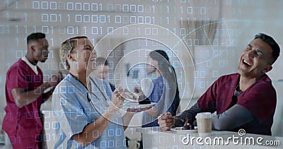 Image of dna strand and binary coding data processing over diverse doctors in hospital Stock Photo