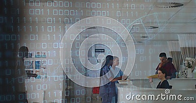 Image of dna strand and binary coding data processing over diverse doctors in hospital Stock Photo